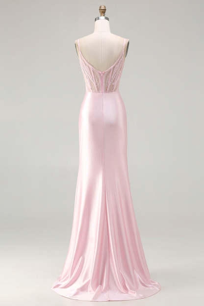 Sparkly Pink Mermaid Beaded Satin Long Corset Prom Dress with Slit