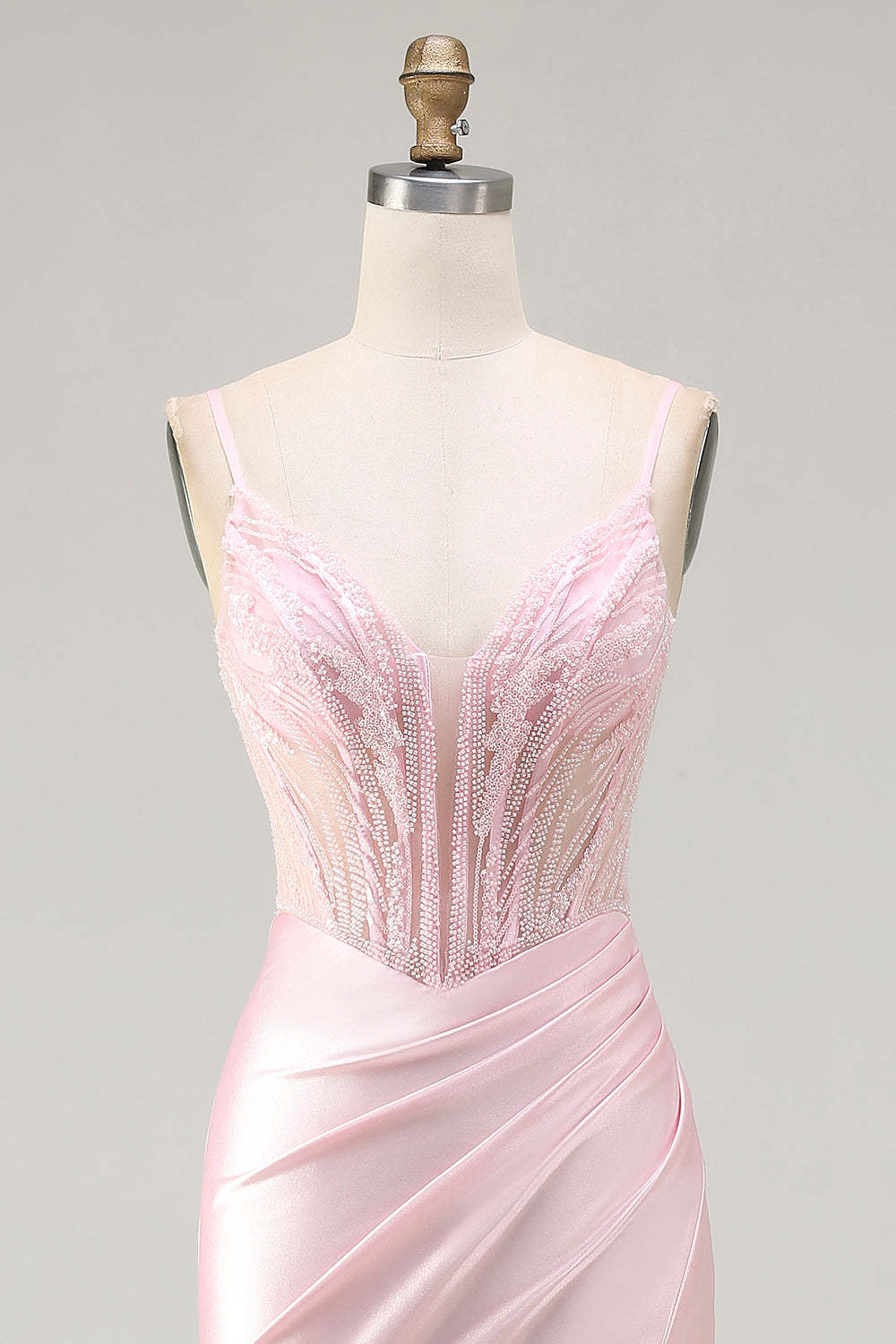 Sparkly Pink Mermaid Beaded Satin Long Corset Prom Dress with Slit