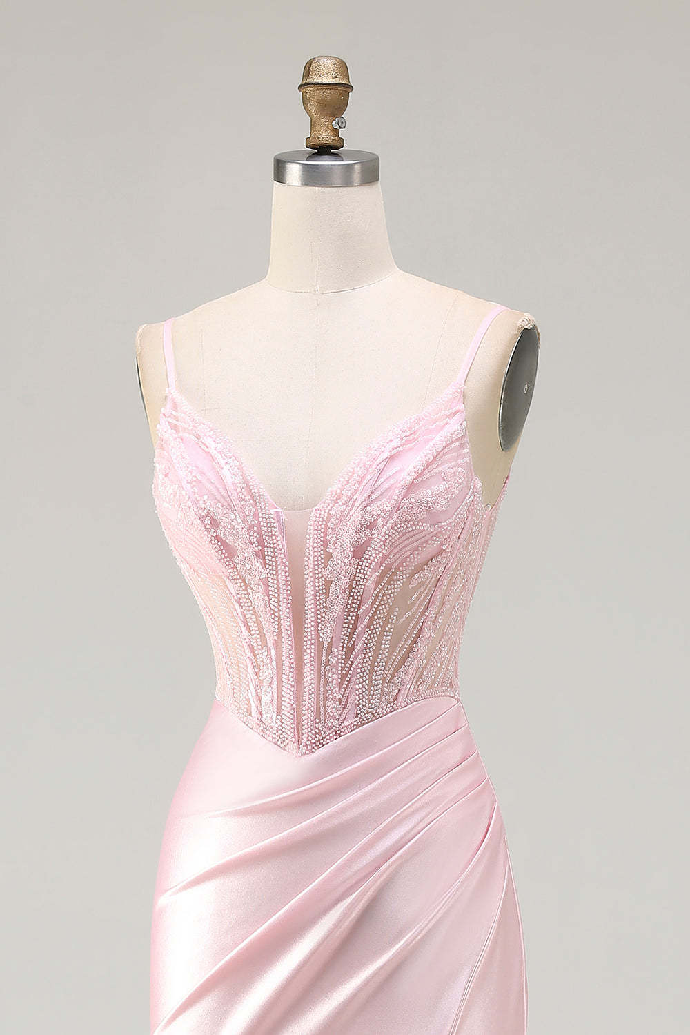 Sparkly Pink Mermaid Beaded Satin Long Corset Prom Dress with Slit