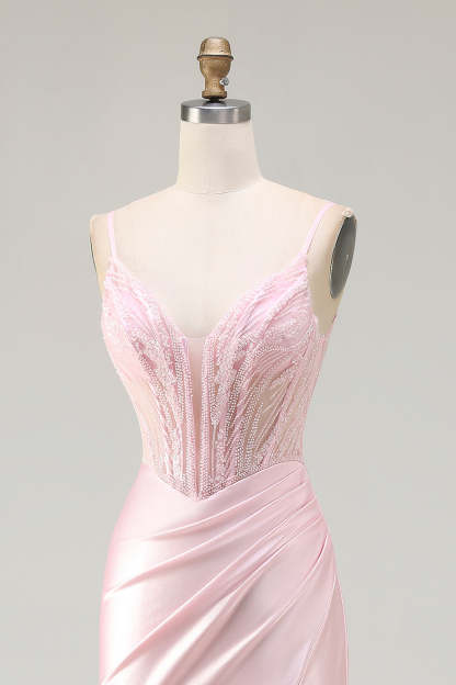 Sparkly Pink Mermaid Beaded Satin Long Corset Prom Dress with Slit