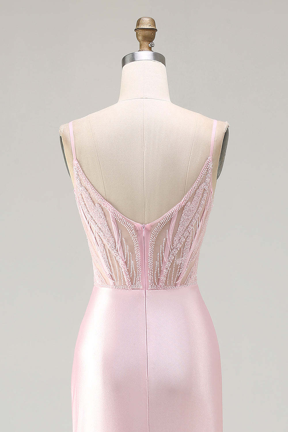 Sparkly Pink Mermaid Beaded Satin Long Corset Prom Dress with Slit