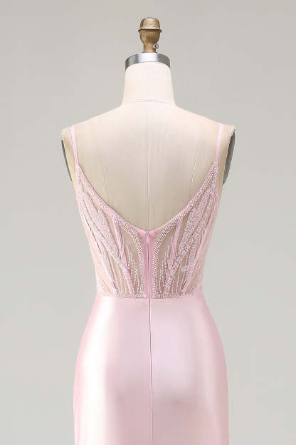 Sparkly Pink Mermaid Beaded Satin Long Corset Prom Dress with Slit