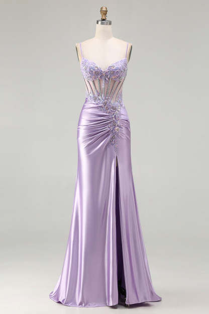 Leely Women Sparkly Light Purple Sequin Long Corset Floral Prom Dress with Slit Satin Ruched Appliqued Spaghetti Straps Gala Dress