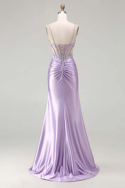 Sparkly Sequin Floral Light Purple Long Corset Prom Dress with Slit