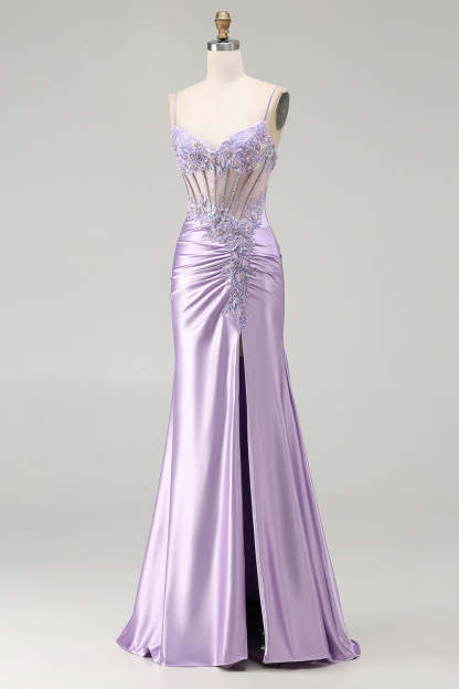 Sparkly Sequin Floral Light Purple Long Corset Prom Dress with Slit