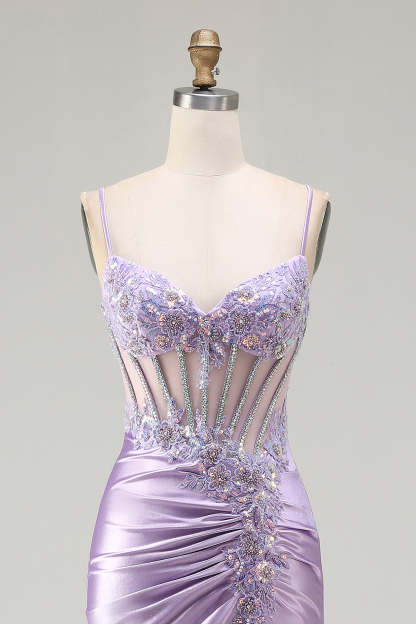 Sparkly Sequin Floral Light Purple Long Corset Prom Dress with Slit