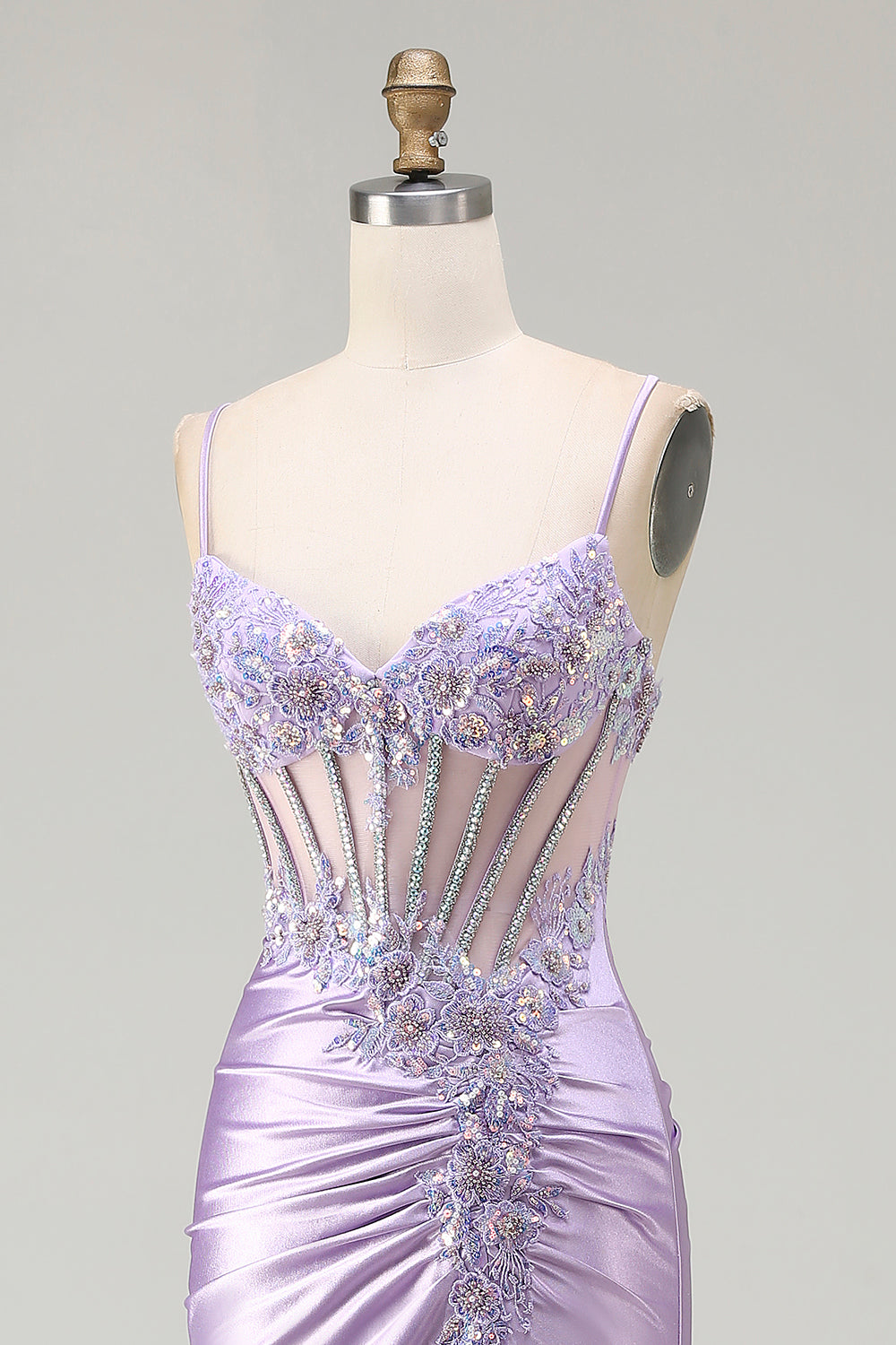 Sparkly Sequin Floral Light Purple Long Corset Prom Dress with Slit