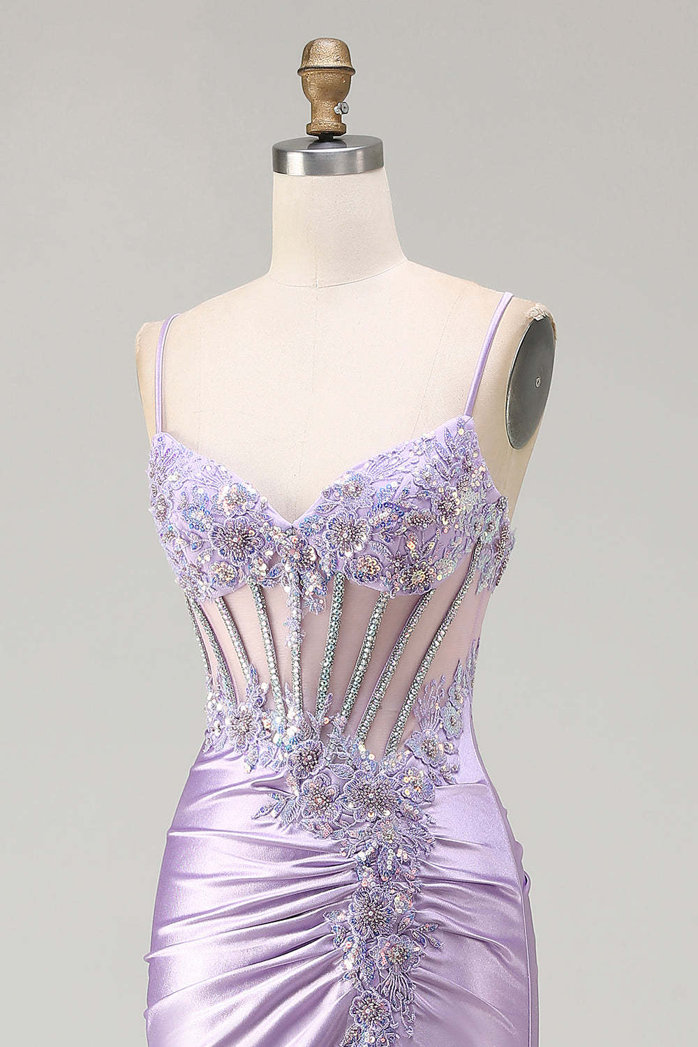 Sparkly Sequin Floral Light Purple Long Corset Prom Dress with Slit