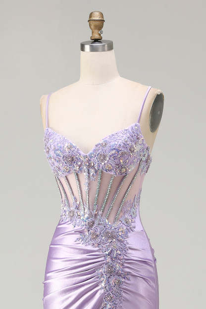 Sparkly Sequin Floral Light Purple Long Corset Prom Dress with Slit