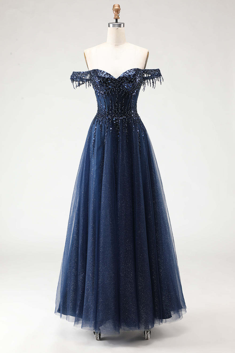 Leely Women Sparkly Navy Tulle Long Corset Prom Dress with Beading Glitter A-Line Off the Shoulder Backless Gala Dress