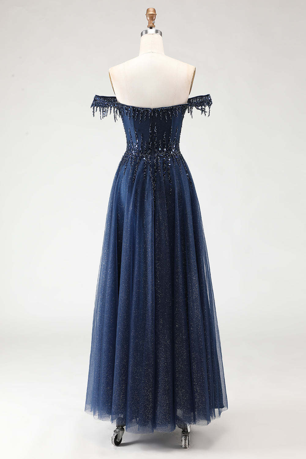 Sparkly Tulle Navy A-Line Tulle Long Corset Prom Dress with Beading