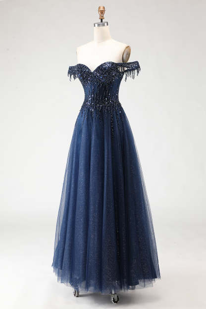 Sparkly Tulle Navy A-Line Tulle Long Corset Prom Dress with Beading