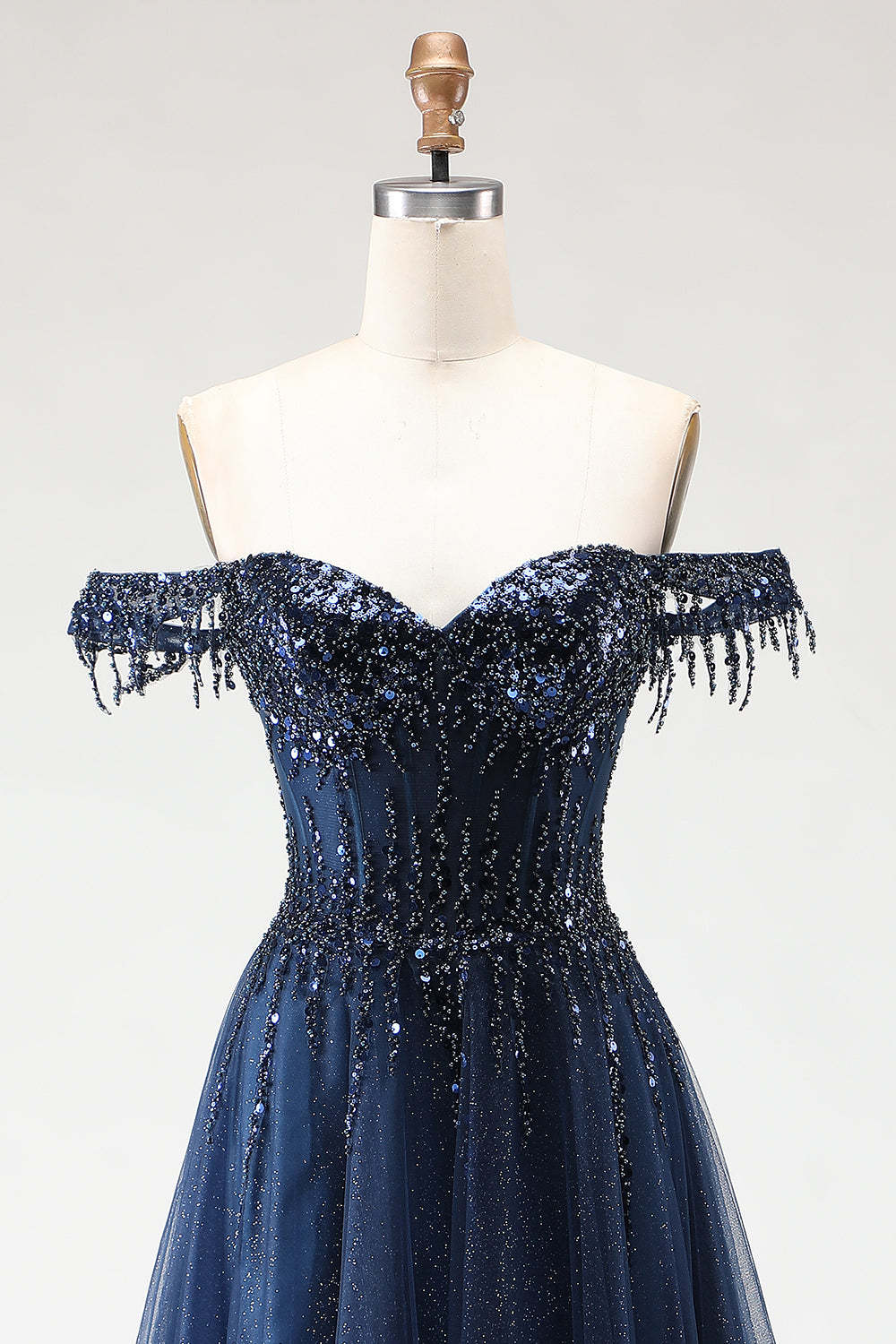 Sparkly Tulle Navy A-Line Tulle Long Corset Prom Dress with Beading
