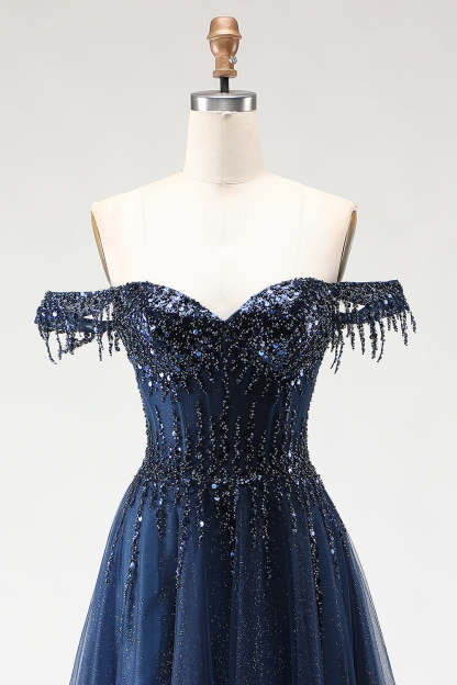 Sparkly Tulle Navy A-Line Tulle Long Corset Prom Dress with Beading