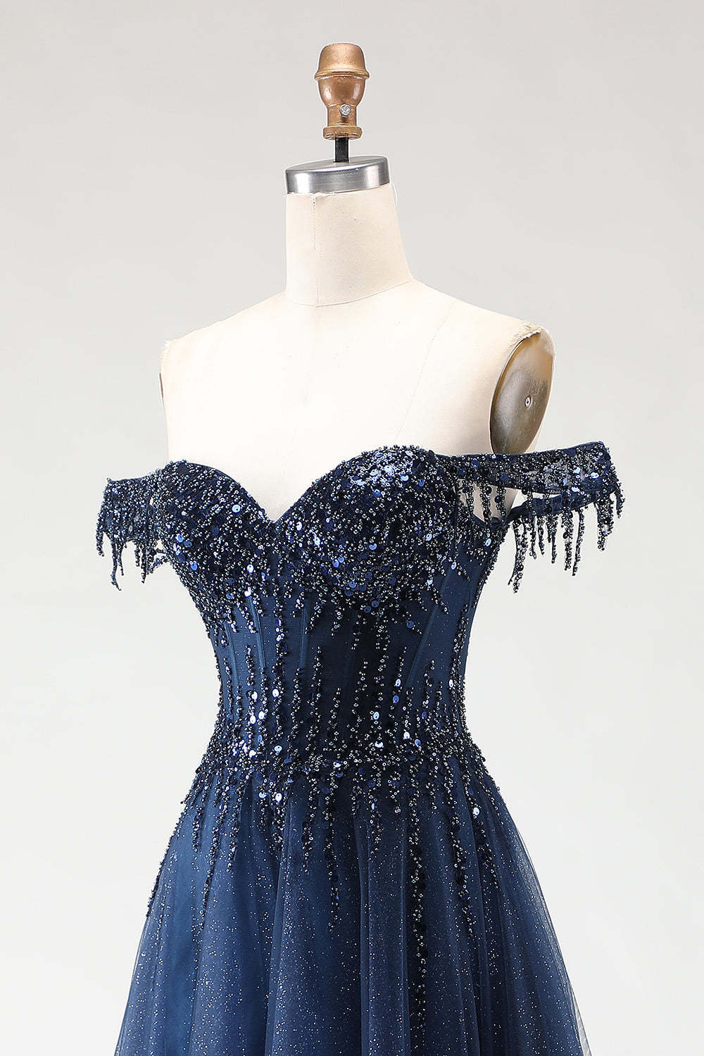 Sparkly Tulle Navy A-Line Tulle Long Corset Prom Dress with Beading