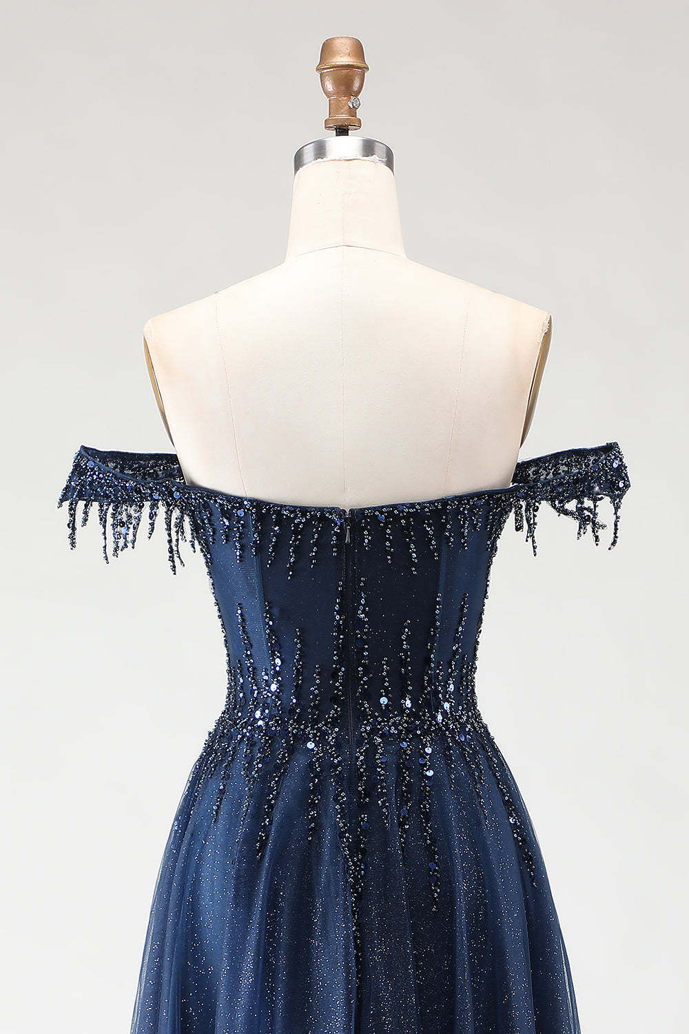 Sparkly Tulle Navy A-Line Tulle Long Corset Prom Dress with Beading