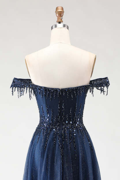 Sparkly Tulle Navy A-Line Tulle Long Corset Prom Dress with Beading