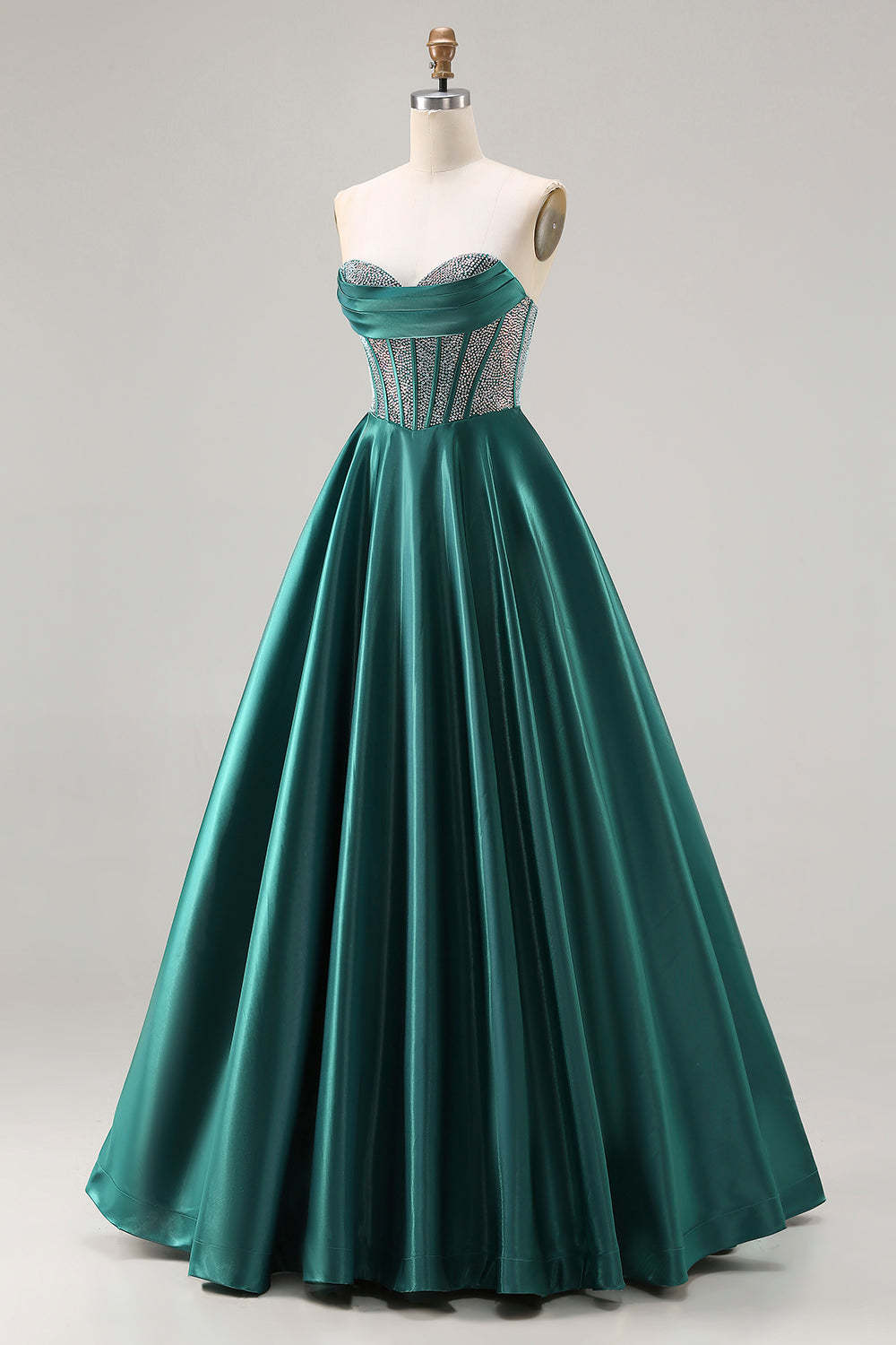 Sparkly Dark Green Sweetheart Satin Long Corset Prom Dress with Beading