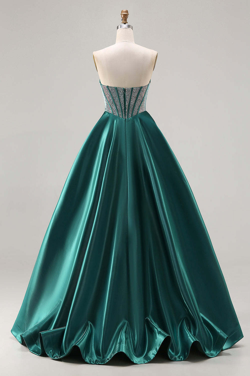 Sparkly Dark Green Sweetheart Satin Long Corset Prom Dress with Beading