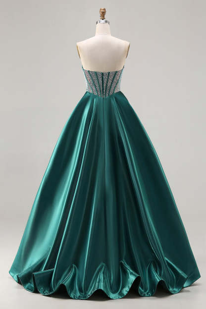 Sparkly Dark Green Sweetheart Satin Long Corset Prom Dress with Beading