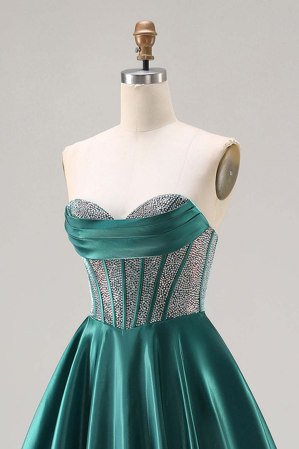 Sparkly Dark Green Sweetheart Satin Long Corset Prom Dress with Beading