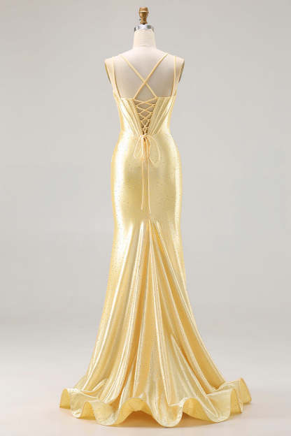 Sparkly Light Yellow Mermaid Beaded Satin Long Corset Prom Dress