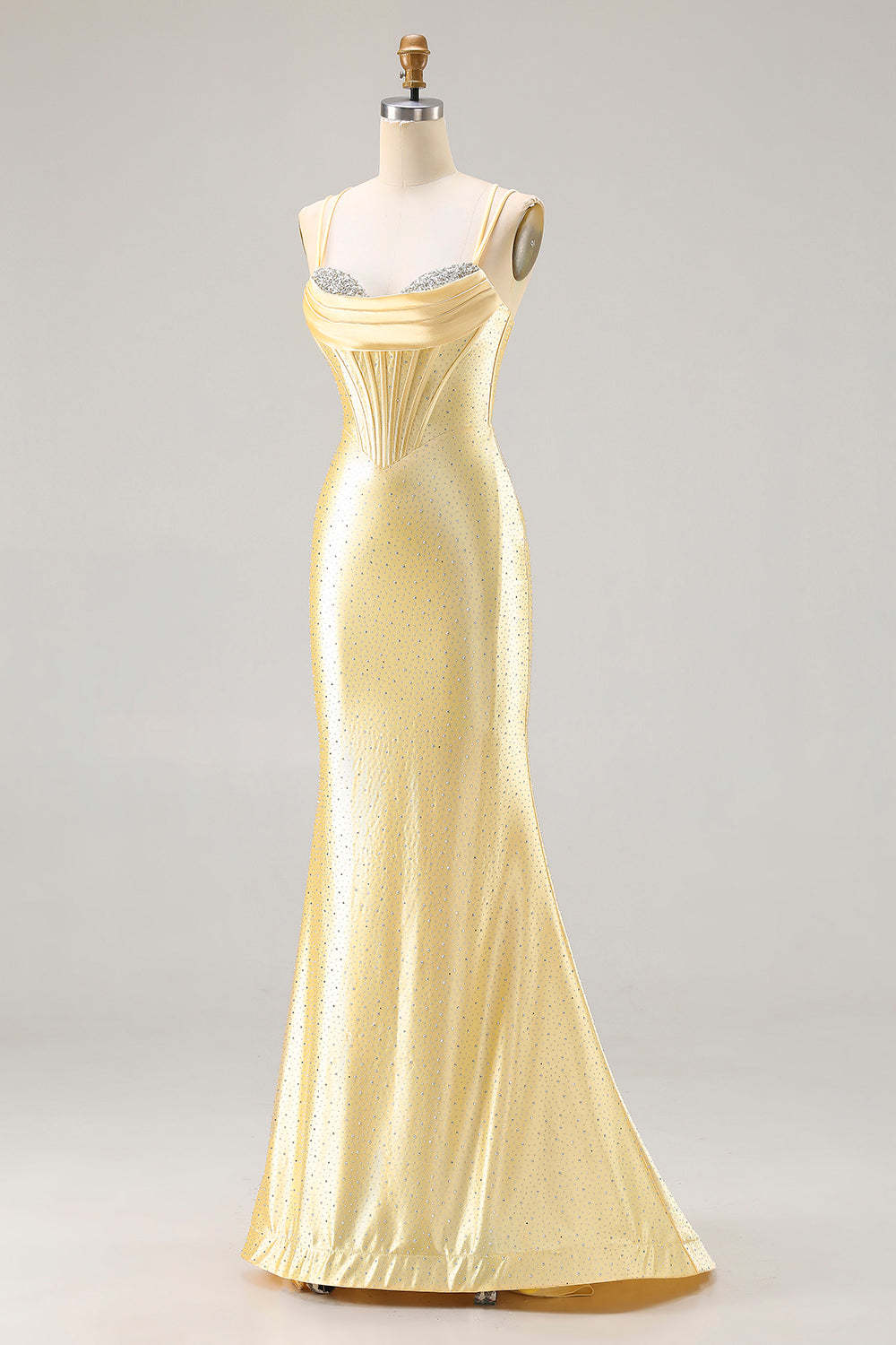 Sparkly Light Yellow Mermaid Beaded Satin Long Corset Prom Dress
