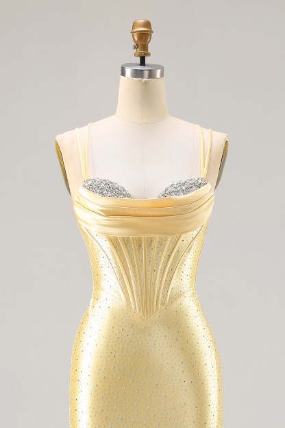Sparkly Light Yellow Mermaid Beaded Satin Long Corset Prom Dress