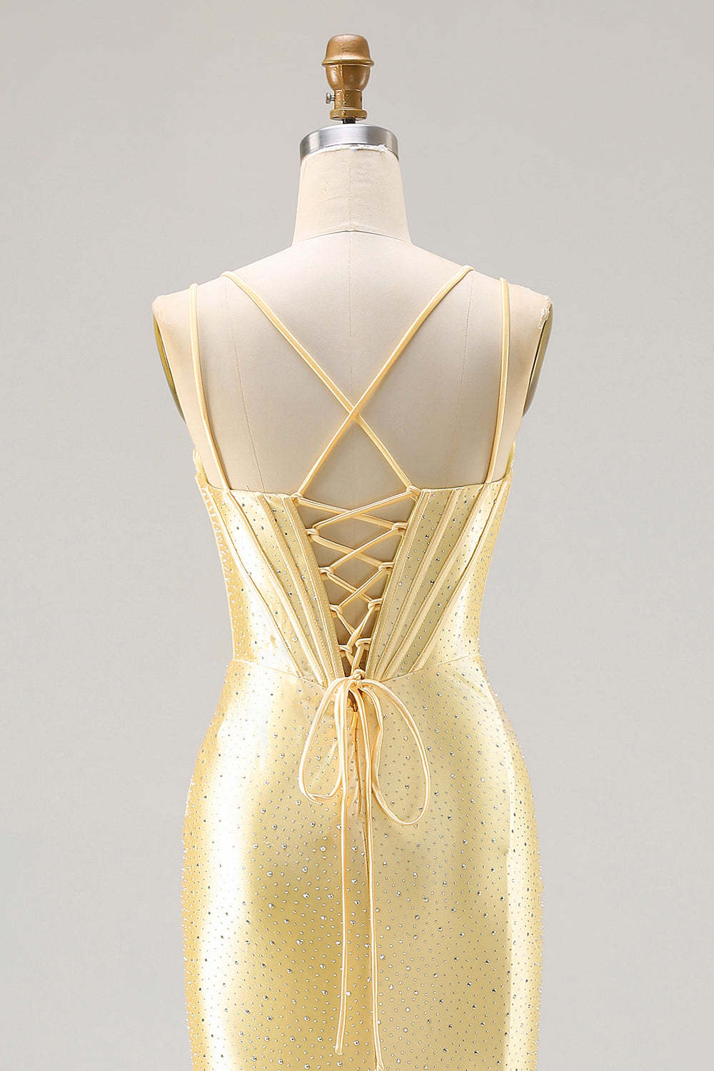 Sparkly Light Yellow Mermaid Beaded Satin Long Corset Prom Dress