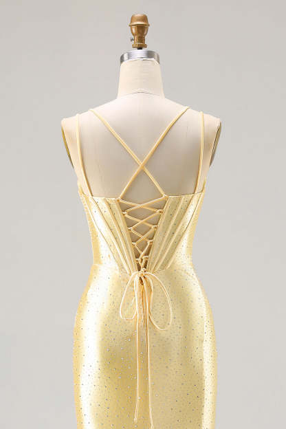Sparkly Light Yellow Mermaid Beaded Satin Long Corset Prom Dress