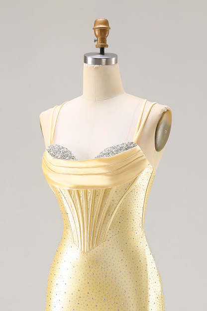 Sparkly Light Yellow Mermaid Beaded Satin Long Corset Prom Dress