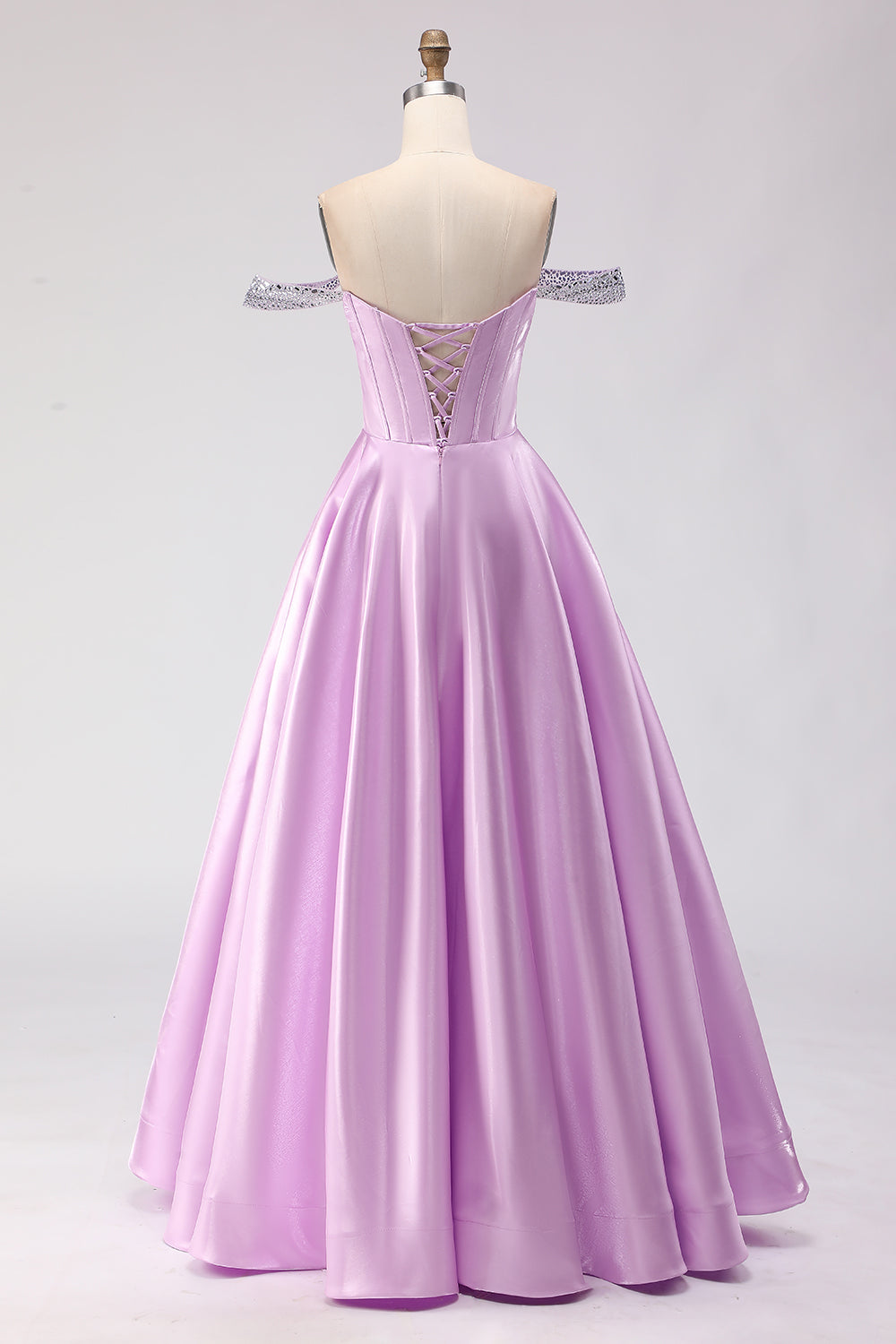 Sparkly Light Purple Off the Shoulder A Line Long Corset Prom Dress with Beading