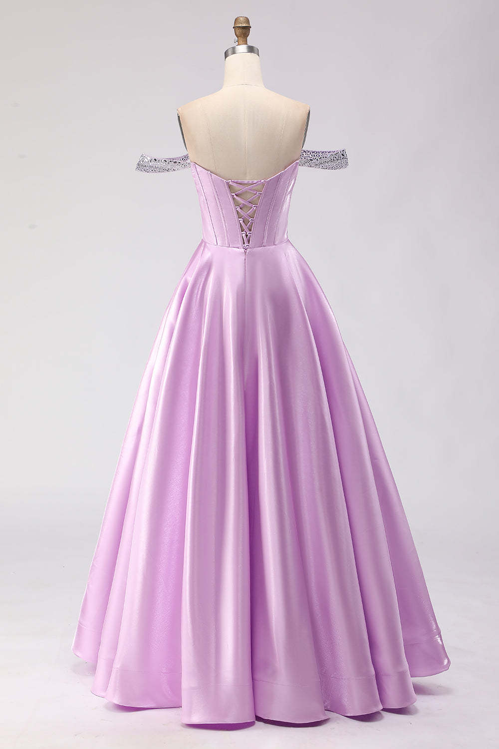Sparkly Light Purple Off the Shoulder A Line Long Corset Prom Dress with Beading