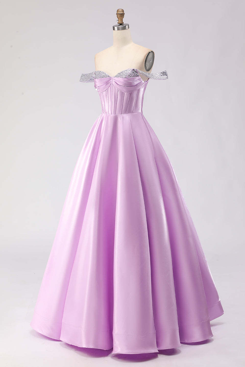 Sparkly Light Purple Off the Shoulder A Line Long Corset Prom Dress with Beading