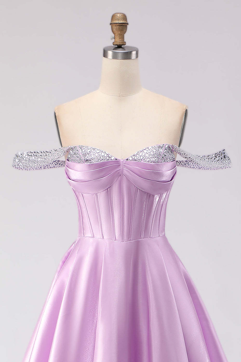 Sparkly Light Purple Off the Shoulder A Line Long Corset Prom Dress with Beading
