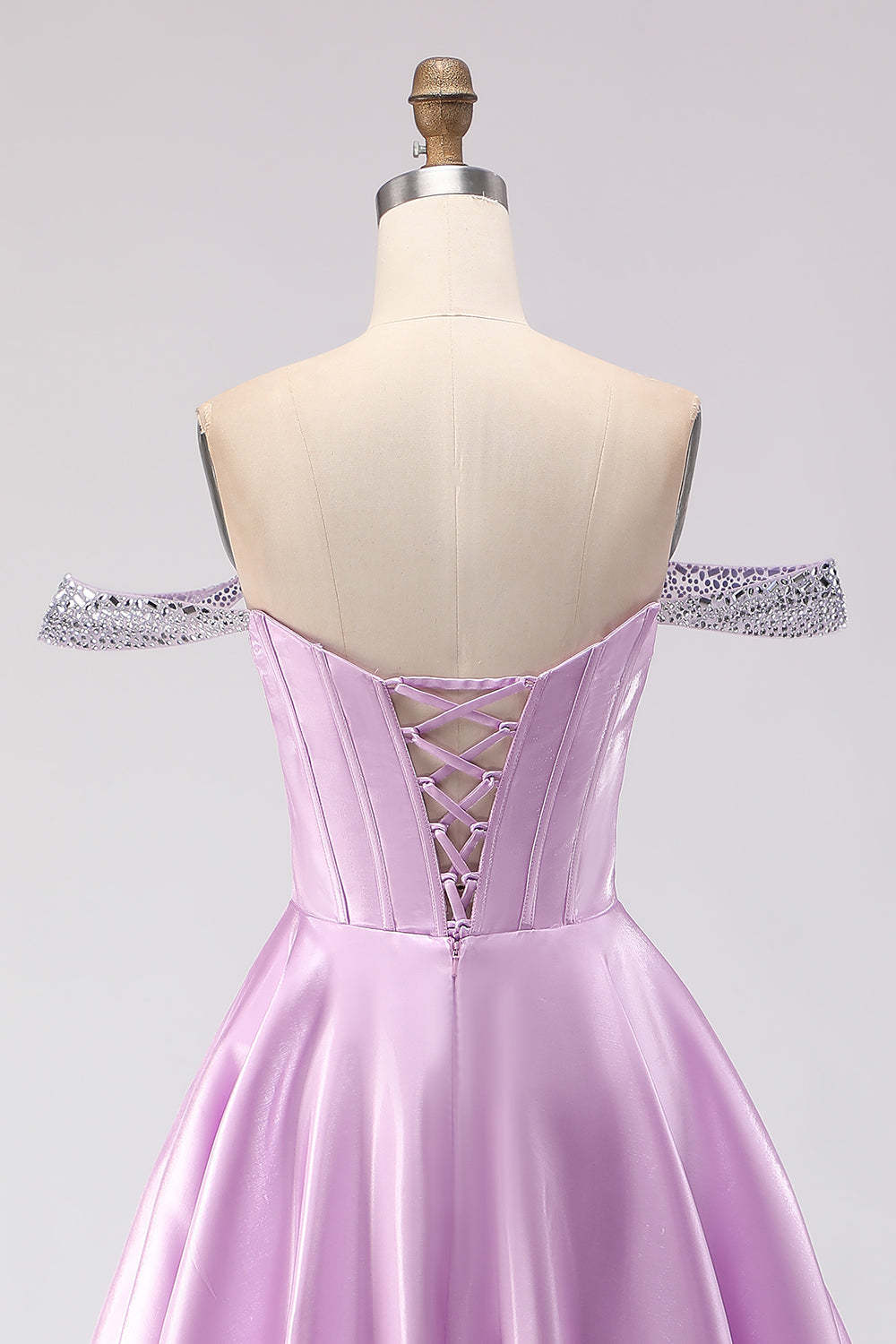 Sparkly Light Purple Off the Shoulder A Line Long Corset Prom Dress with Beading