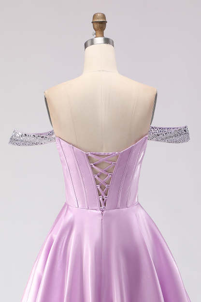 Sparkly Light Purple Off the Shoulder A Line Long Corset Prom Dress with Beading
