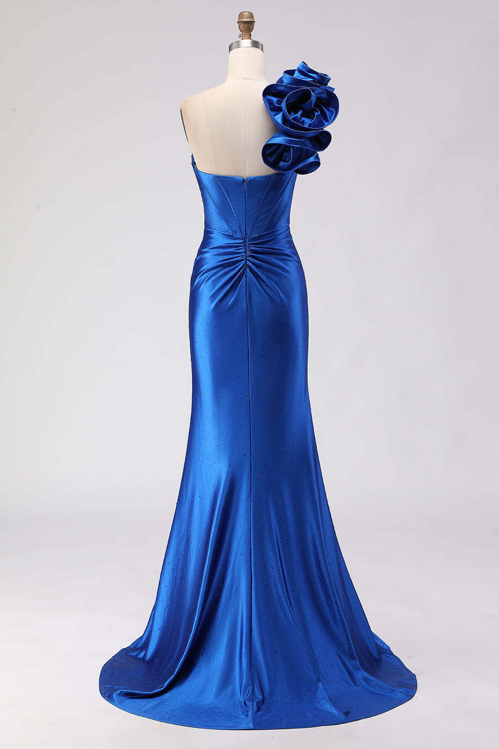 Royal Blue Satin Beaded Mermaid Long Corset Prom Dress with Slit
