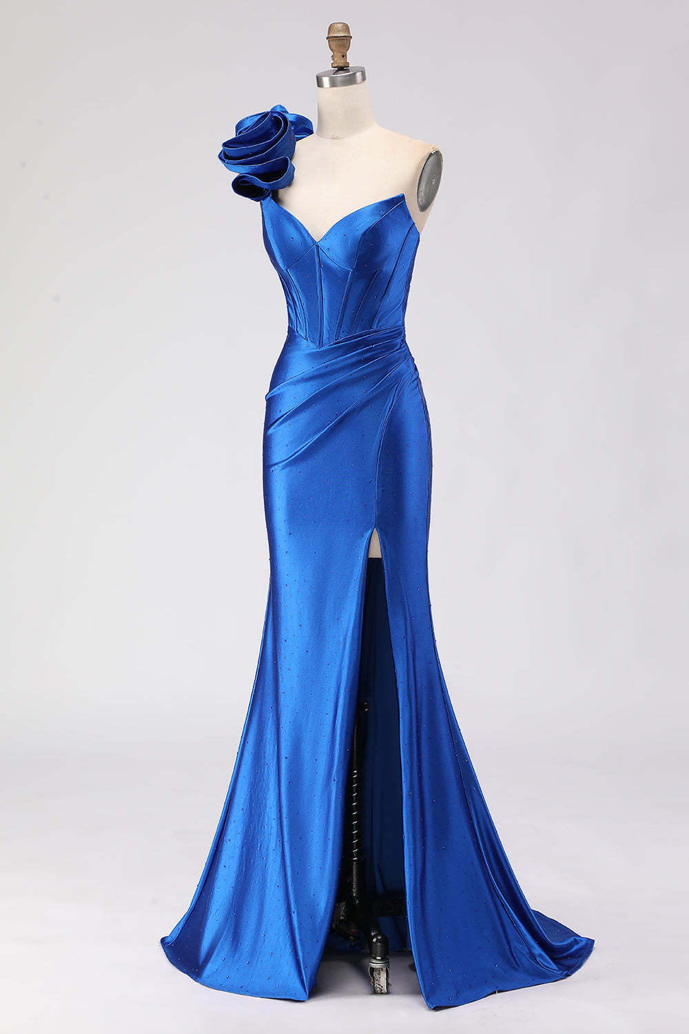 Royal Blue Satin Beaded Mermaid Long Corset Prom Dress with Slit