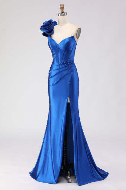 Royal Blue Satin Beaded Mermaid Long Corset Prom Dress with Slit