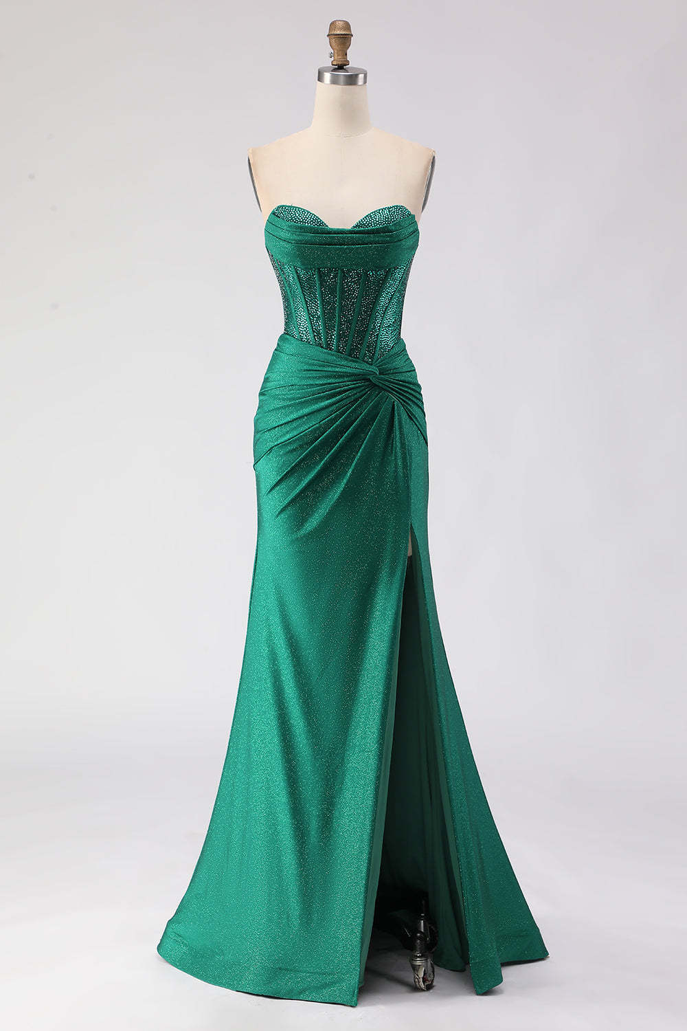 Leely Women Sparkly Dark Green Corset Sweetheart Maxi Prom Dress with Slit Beaded Strapless Mermaid Ruched Evening Dress
