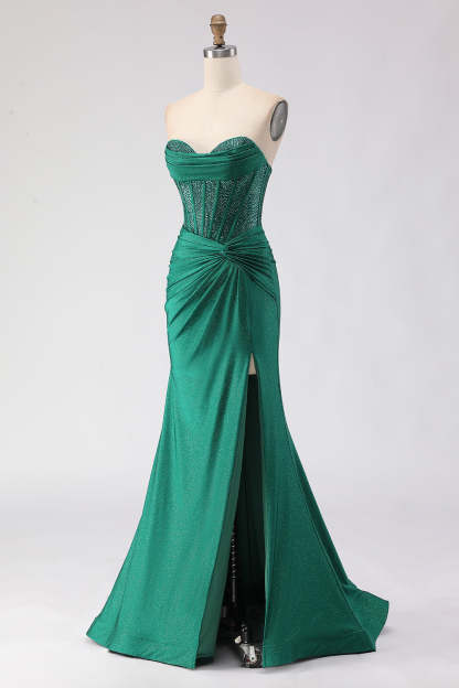 Sparkly Dark Green Mermaid Sweetheart Long Corset Prom Dress with Slit