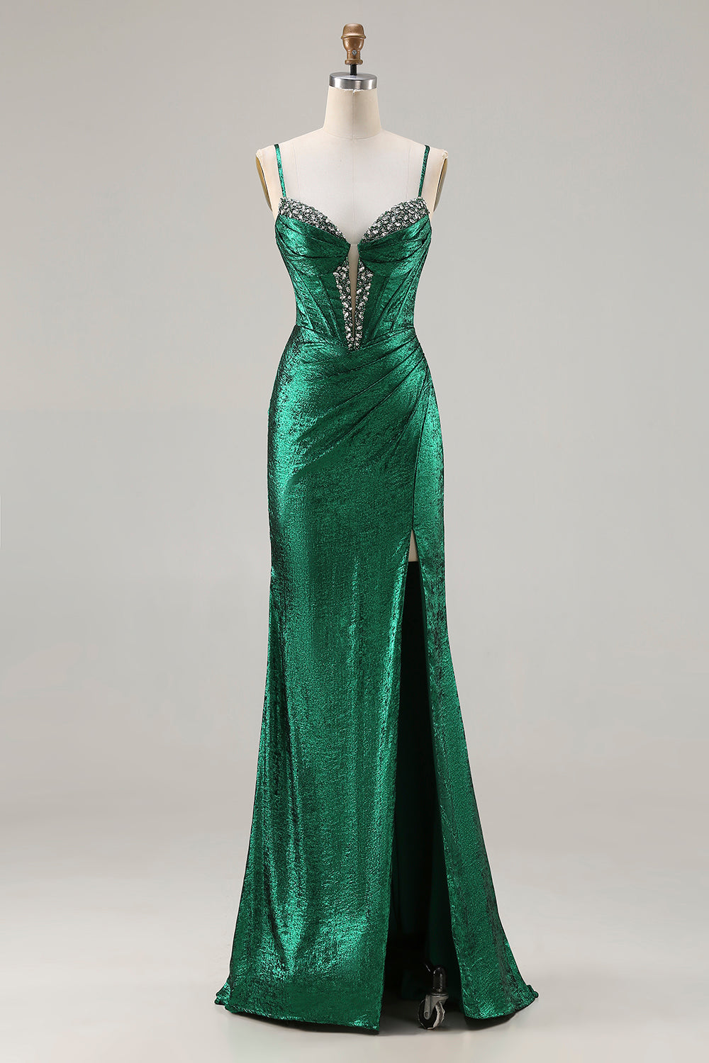 Sparkly Dark Green Mermaid Beaded Ruched Long Corset Prom Dress with Slit