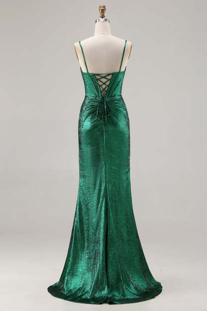 Sparkly Dark Green Mermaid Beaded Ruched Long Corset Prom Dress with Slit