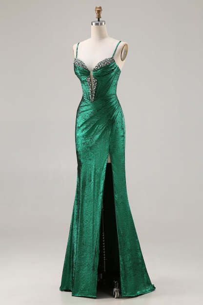 Sparkly Dark Green Mermaid Beaded Ruched Long Corset Prom Dress with Slit