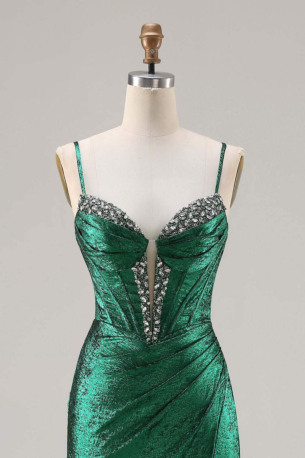 Sparkly Dark Green Mermaid Beaded Ruched Long Corset Prom Dress with Slit