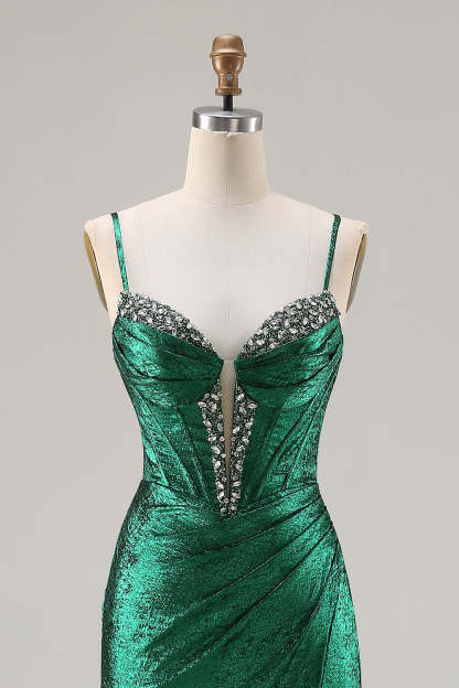 Sparkly Dark Green Mermaid Beaded Ruched Long Corset Prom Dress with Slit