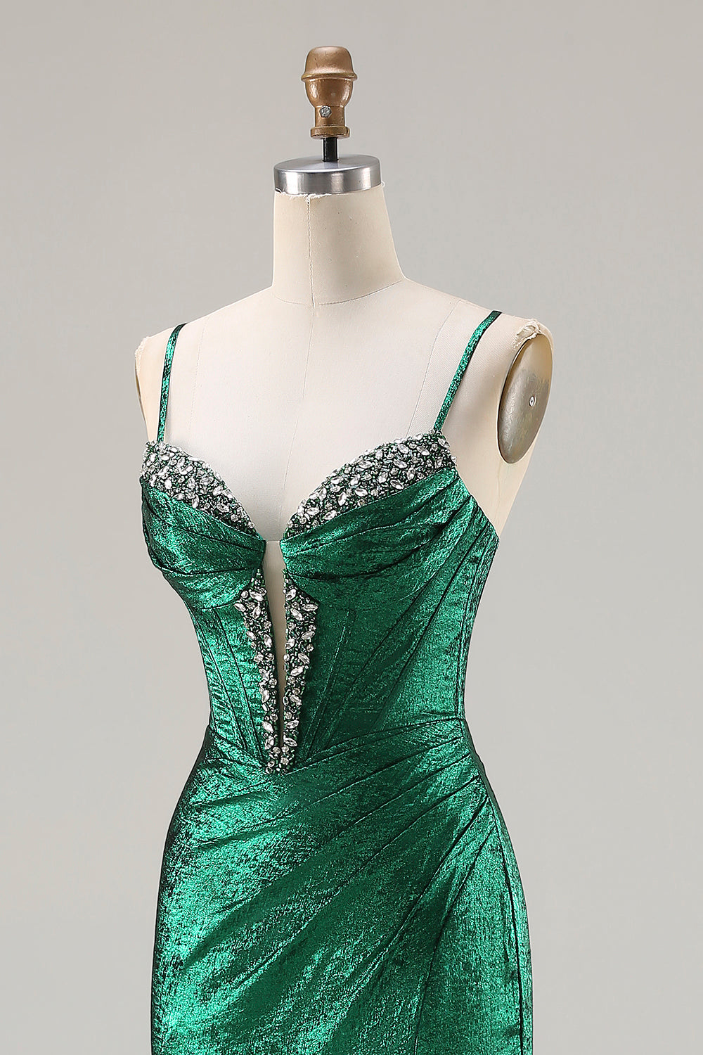 Sparkly Dark Green Mermaid Beaded Ruched Long Corset Prom Dress with Slit