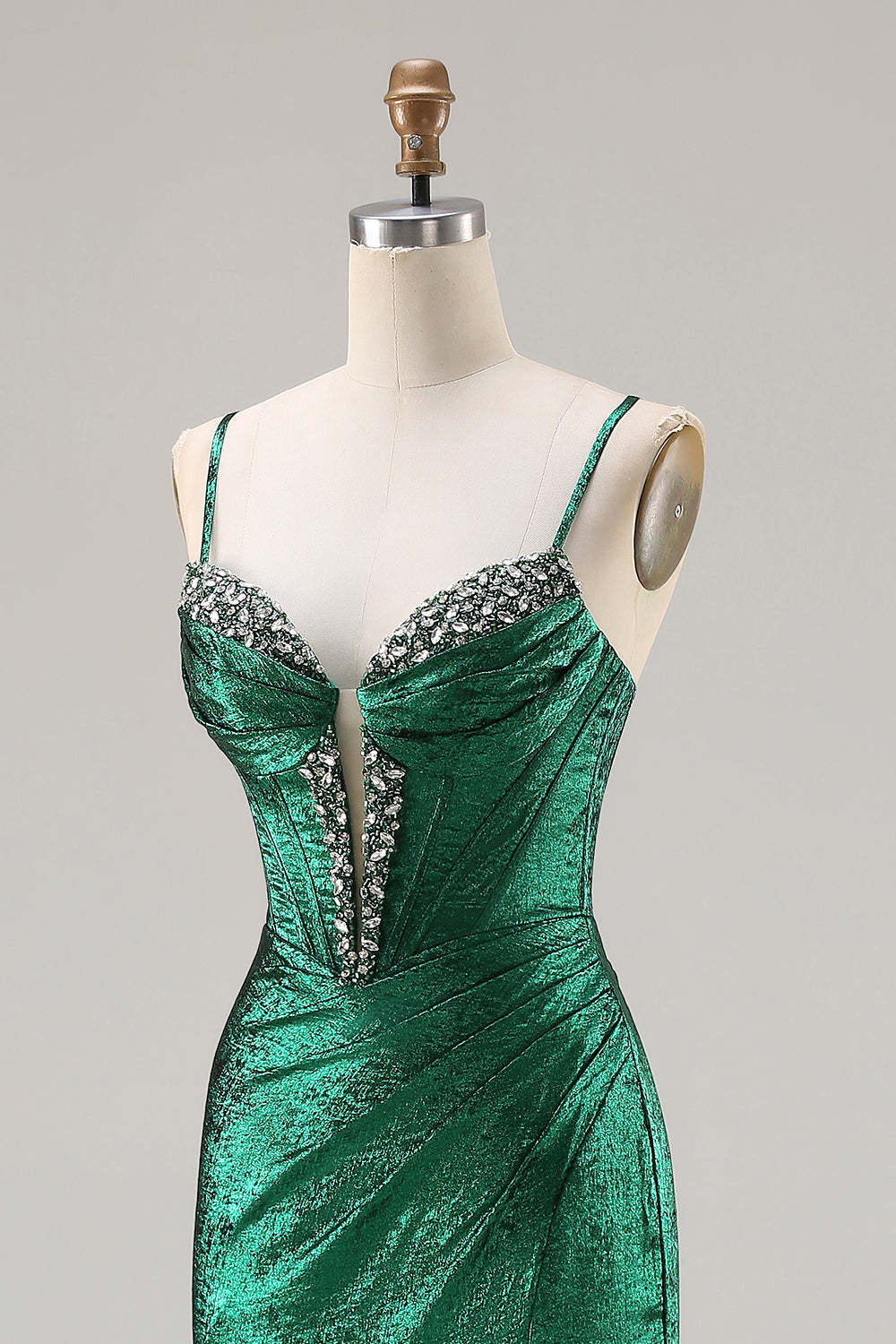 Sparkly Dark Green Mermaid Beaded Ruched Long Corset Prom Dress with Slit