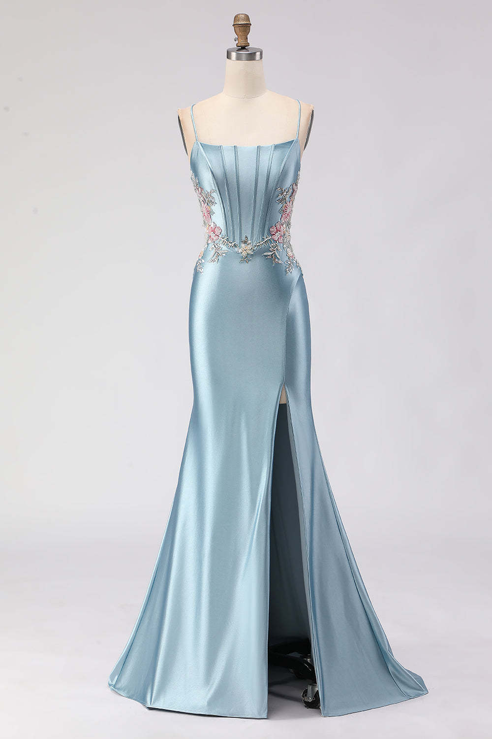 Leely Women Floral Grey Blue Appliqued Maxi Corset Prom Dress with Slit Mermaid Satin Criss Cross Back Spaghetti Straps Formal Dress